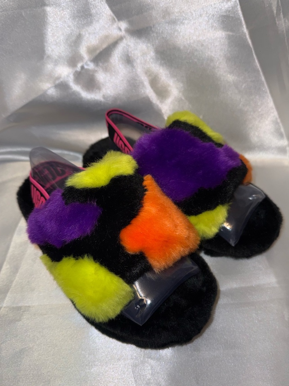 Fluffy Yeah Multicolor Slide Sandals - Neon Purple, Orange & Yellow